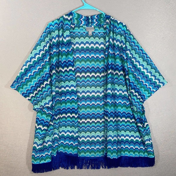 Susan Graver Cardigan Womens XL Blue Green Chevron Kimono Sleeve Tasseled Casual - Picture 1 of 14